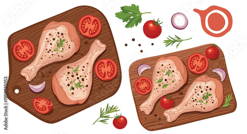 Fresh raw chicken drumsticks seasoned with pepper and herbs placed on wooden cutting boards with tomatoes onions and spices around.