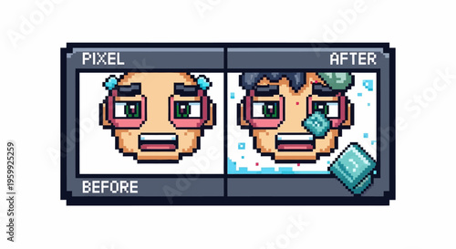 Pixel Art Character Before and After Transformation.