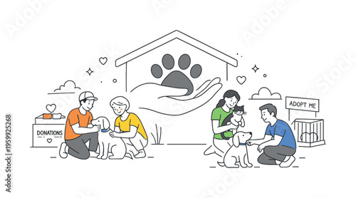 Volunteers and adopters supporting animal welfare initiatives and giving pets a second chance in a community setting, illustrated by a simple shelter structure paired with a paw