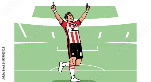 A cartoon illustration of a male soccer player in a red and white striped jersey celebrating a goal in a stadium.