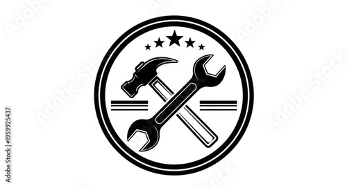 Handyman Logo Featuring Hammer and Wrench in Circular Design with Stars.