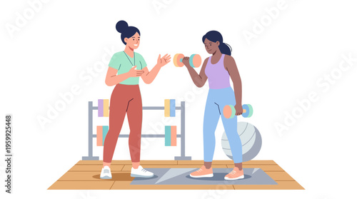 Two women exercising together in a gym setting.