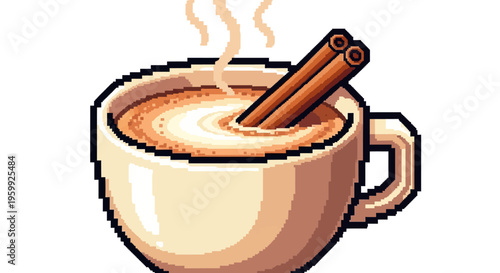 Pixel Art Coffee Cup with Cinnamon Sticks and Steam.