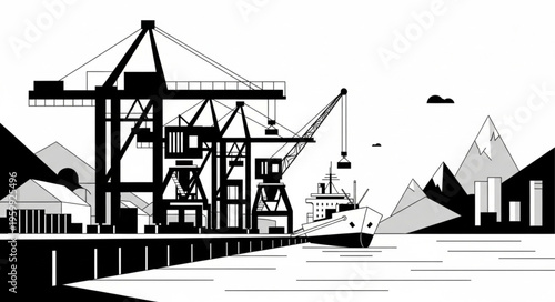 Harbor gantry cranes loading cargo containers at dock.