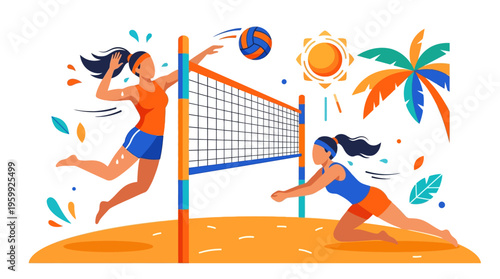 Two women playing beach volleyball on a sunny day.