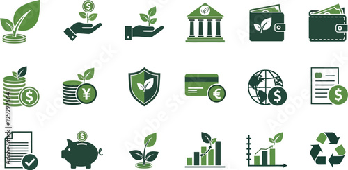 A diverse array of financial icons emphasizes responsible savings, global currency exchange, and eco-conscious.