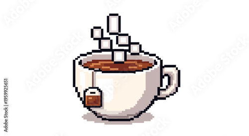 Pixel art cup of tea with sugar cubes.