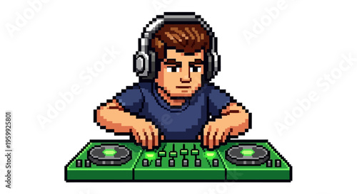 Pixel Art DJ Playing Music on Turntables.