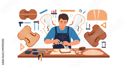 Violin maker meticulously crafting instrument parts with precision tools.