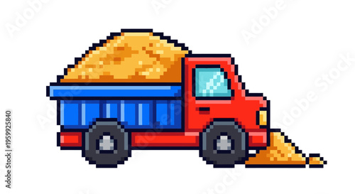 Pixel Art Dump Truck Transporting Sand Material.