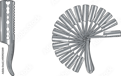 Straight Razor Folding Set Vector Illustration with Barber Shaving Tool, Open Blade Positions and Grooming Equipment Collection
