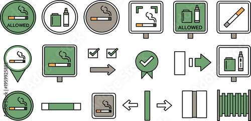 Smoking Allowed and E-Cigarette Icons Set Featuring Cigarette, Vape, and Designated Zones for Smoking Policy and Compliance Illustrations