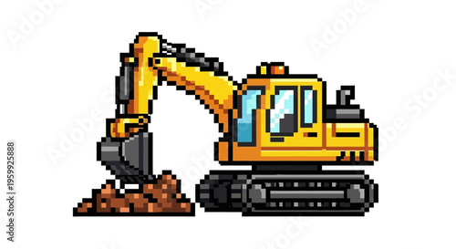 Pixel Art Excavator Digging Soil Construction Machine.