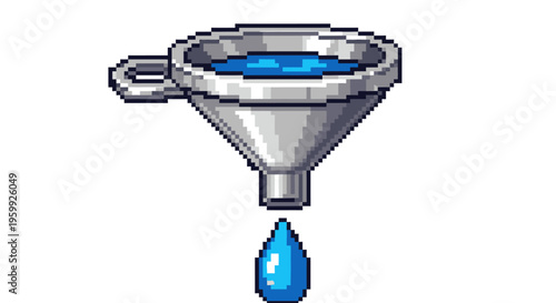 Pixel Art Funnel Pouring Blue Liquid Drop.