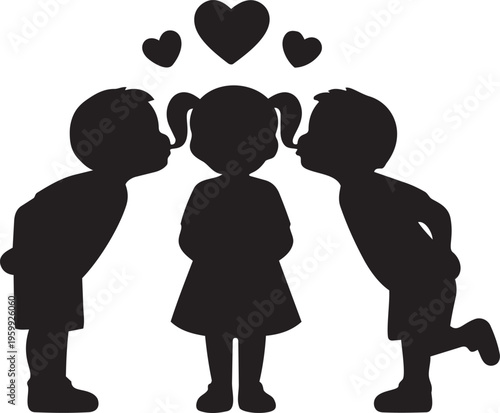 Silhouette of Children Kissing: Capture a moment of sweet innocence as two children share kisses with another, accompanied by floating hearts, evoking the warmth of first love and friendship.