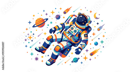 Vibrant Astronaut Floating Among Colorful Celestial Bodies.