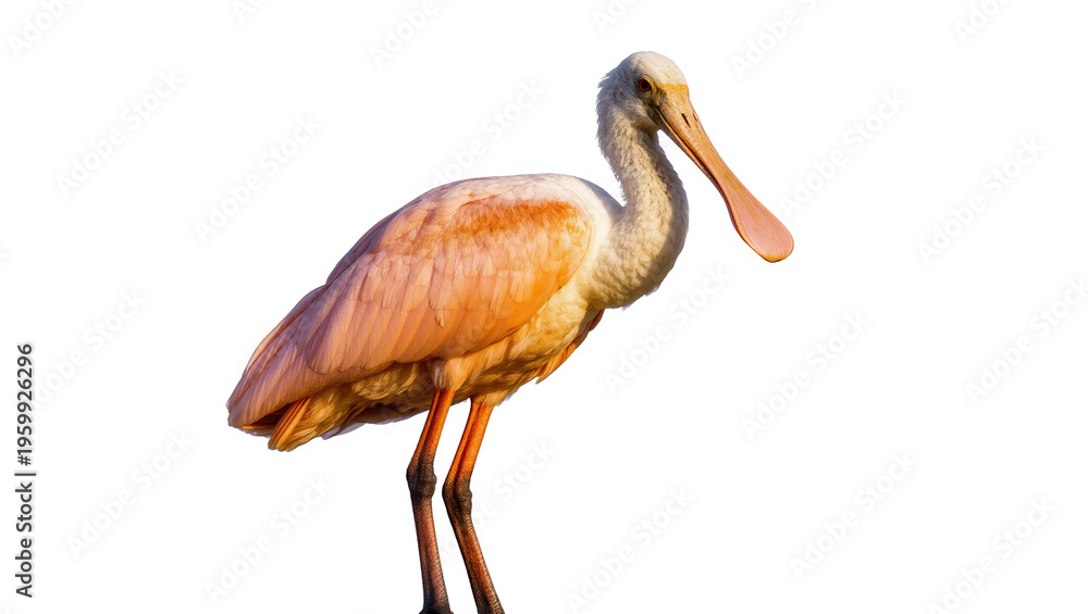 Fototapeta premium Elegant Roseate Spoonbill with long spatulate beak, showing off its beautiful pink plumage