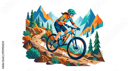 Woman mountain biking downhill on a scenic trail.
