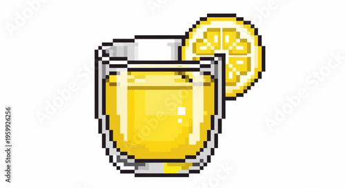 Pixel art glass of yellow lemonade with lemon slice.