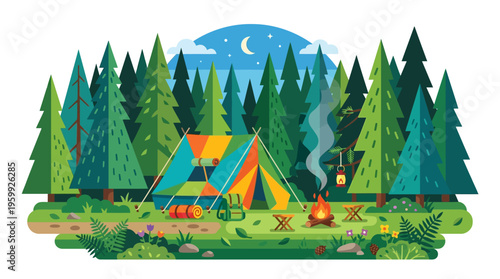 Vibrant Campsite Scene with Tents and Campfire in Forest.