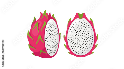 Vibrant Dragon Fruit Halved Showing White Flesh and Black Seeds.