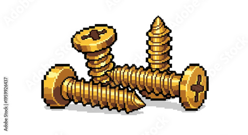 Pixel Art Golden Screws Fasteners Collection.