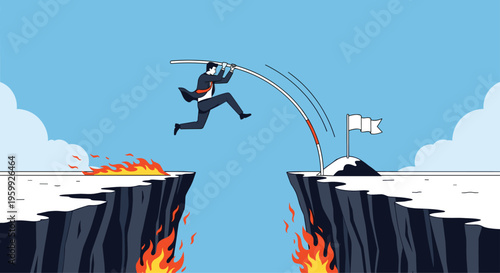 Brave businessman using a pole to vault over a dangerous fiery chasm reaching towards a white flag on the other side of the cliff.