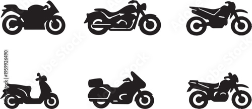 Motorcycle Silhouette Collection: A diverse compilation of motorcycle silhouettes, perfect for illustrating the variety and forms of two-wheeled transportation.