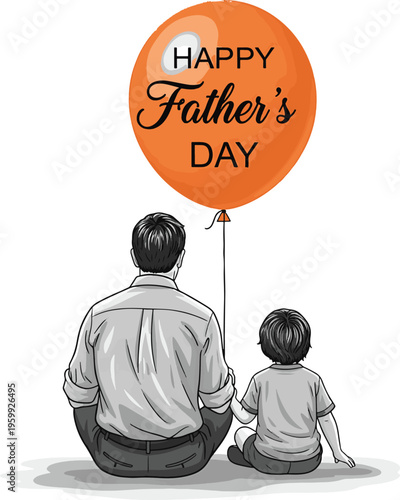 Father and son sitting with happy fathers day balloon