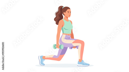 Woman performing lunges with dumbbells for fitness.