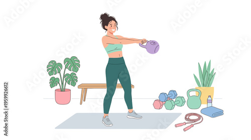 Woman performing kettlebell swing exercise at home.