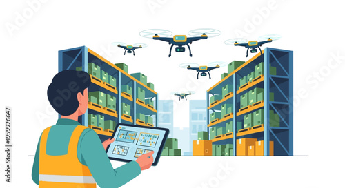 Warehouse worker controlling drones with tablet technology.