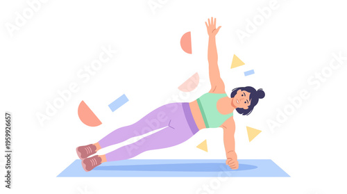 Woman Performing Side Plank Exercise on Yoga Mat.