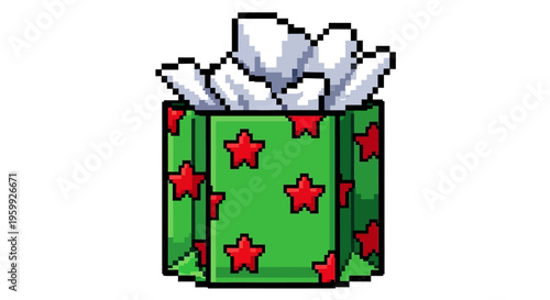 Pixel Art Green Gift Box with Red Stars.