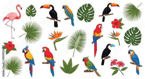 Large collection of colorful tropical birds like parrots flamingos and toucans mixed with exotic palm leaves and hibiscus flowers.