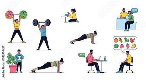 Diverse people engaging in healthy lifestyle activities like weightlifting and planking alongside others working and eating healthy food.