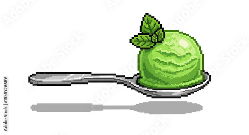 Pixel Art Green Ice Cream Scoop on Spoon.