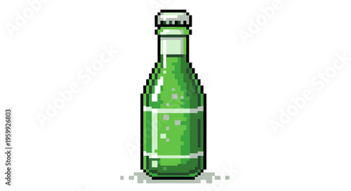 Pixel Art Green Soda Bottle with Bubbles.