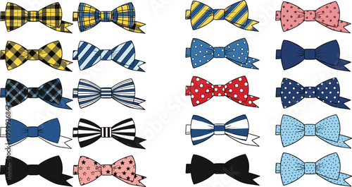 Bow Tie Vector Set with Patterned Designs, Formal Accessories, Fashion Elements and Stylish Clothing Illustration Collection