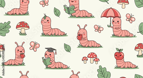 Seamless pattern featuring cute pink caterpillars engaged in activities like reading eating apples and wearing a graduation cap.