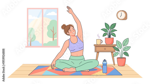 Woman practicing yoga indoors on a mat.