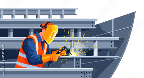 Welder working on steel structure with sparks flying.