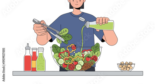 Woman preparing a fresh healthy salad with various ingredients.
