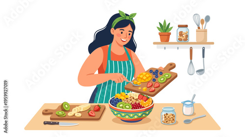 Woman preparing a vibrant fruit salad for a healthy meal.