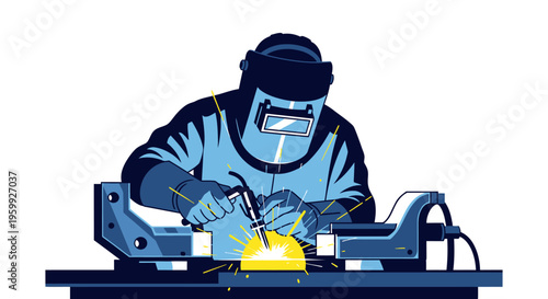 Welder working with protective gear and sparks.