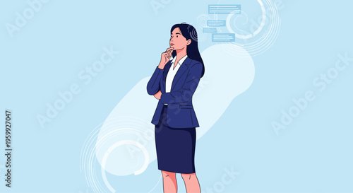 Professional woman in a blue suit standing and thinking deeply with her hand on her chin against a background with abstract thought bubbles.
