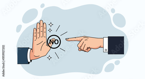 Close up illustration of two hands where one is pointing and the other is gesturing to stop with a circular NO icon between them.
