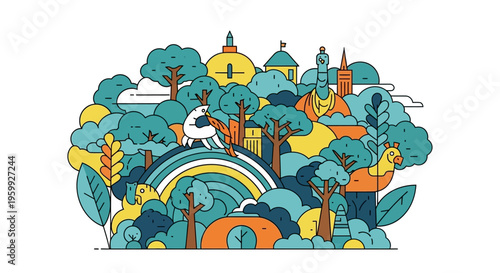 Whimsical Fantasy Landscape with Rainbow and Buildings.