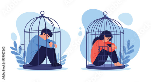 Man and woman both sitting sadly inside individual birdcages symbolizing loneliness social isolation or feeling trapped in life.