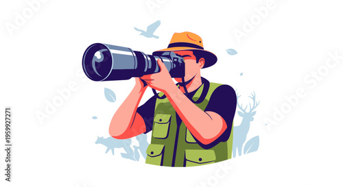 Wildlife photographer capturing a moment with a large camera.